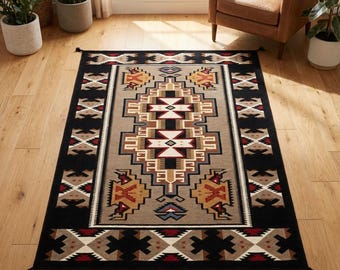 Alfombra tribal, alfombra tribal grande, alfombra tribal gris y negra, alfombra dhurrie de 8x10, alfombra tribal de 9x12, alfombra de lana, alfombra para sala de estar, alfombra de área de 8x10