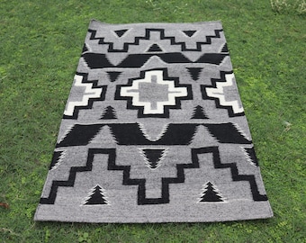 3X5 Handwoven Geometric Kilim Rug, Modern Tribal Grey Area Carpet