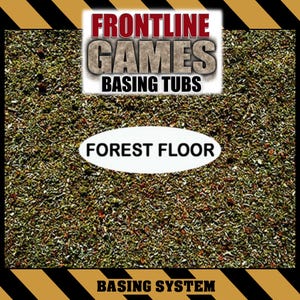 May include: A close-up of a forest floor basing material. The image features a mix of green, brown, and red tones, with the text "FOREST FLOOR" in a white oval. The top of the image has the text "FRONT LINE GAMES BASING TUBS". The bottom of the image has the text "BASING SYSTEM".