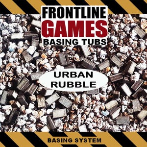 May include: A product image for Frontline Games Basing Tubs. The image features a mix of small, rectangular, gray and brown pieces, resembling urban rubble, scattered among small, light-colored stones. The text "Urban Rubble" is displayed prominently.