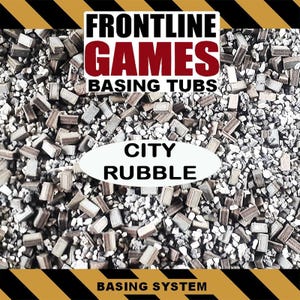 May include: Image of "Frontline Games" basing tubs with "City Rubble" text. The image shows a collection of small, rectangular, gray and brown pieces, resembling building debris, scattered across a surface. The words "Basing System" are also visible.