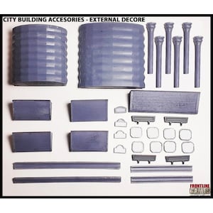 May include: A collection of miniature city building accessories in various shapes and sizes. The set includes cylindrical structures, rectangular panels, columns, and decorative elements, all in a muted blue-gray color. The text "CITY BUILDING ACCESORIES - EXTERNAL DECORE" is at the top.