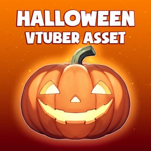 May include: A digital illustration of a smiling jack-o'-lantern with glowing eyes and mouth, set against an orange gradient background. The text "HALLOWEEN VTUBER ASSET" is displayed above the pumpkin in white letters. The pumpkin is a classic Halloween theme.