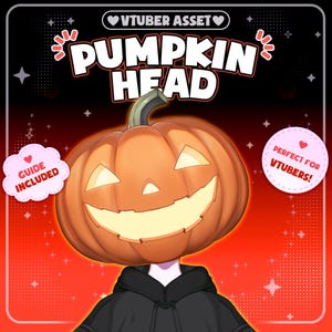 May include: A digital illustration of a character with a carved orange pumpkin head featuring a glowing face, wearing a black hooded sweatshirt. The text reads VTUBER ASSET, PUMPKIN HEAD, GUIDE INCLUDED, and PERFECT FOR VTUBERS! on a red background.