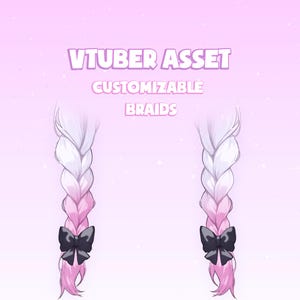 Peut inclure: Deux tresses roses et blanches avec des nœuds noirs, étiquetées "VTUBER ASSET CUSTOMIZABLE BRAIDS".