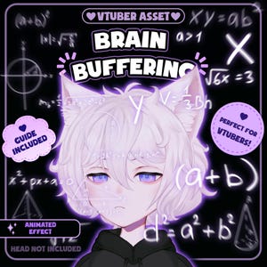 May include: A digital graphic asset for VTubers featuring a character with white hair and cat ears. The text reads VTUBER ASSET, BRAIN BUFFERING, GUIDE INCLUDED, PERFECT FOR VTUBERS, and ANIMATED EFFECT. Mathematical formulas float on a dark background.