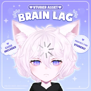 May include: A digital illustration of a character with white hair, purple eyes, and cat ears. The text "BRAIN LAG" is displayed above the character's head. The words "VTUBER ASSET" and "GUIDE INCLUDED" are also visible.