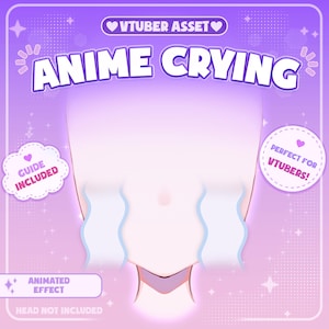 Może przedstawiać: Cyfrowy zasób graficzny z tekstem VTUBER ASSET, ANIME CRYING, GUIDE INCLUDED, PERFECT FOR VTUBERS, ANIMATED EFFECT oraz HEAD NOT INCLUDED. Projekt przedstawia stylizowany jasnoniebieski falisty efekt łez na fioletowym tle.