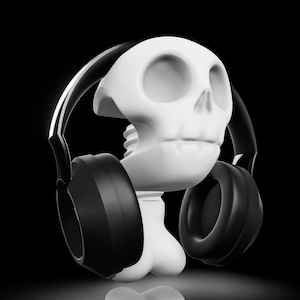May include: A 3D rendering of a white skull wearing black headphones. The skull is centered and the headphones are positioned around the head. The background is solid black.