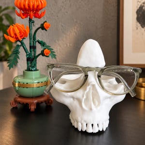 Puede incluir: Un soporte para gafas con forma de cráneo blanco hecho de un material liso, con un par de gafas de color verde oliva translúcido apoyadas sobre el puente de la nariz. El cráneo está sobre una superficie oscura junto a una planta.