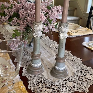 Antique Look Country French Italian Cement Taper Candlesticks with Coastal Shell Motif in Celadon Color Scheme
