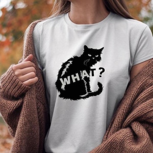 Funny Cat T-Shirt with Grumpy Cat - &#39;What?&#39; Text - Funny Spooky Cat Graphic Tee - Cat Lovers Tee - Black Cat