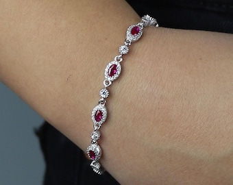 Pulsera ovalada de plata con rubí, pulsera de tenis con rubí, pulsera con la piedra natal de julio (rubí), delicada pulsera con rubí, pulsera con rubí real, regalo para mujer