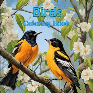 May include: A coloring book featuring two yellow and black birds perched on a branch with white flowers. The title of the book is "Birds Coloring Book" and the age range is "Age 7-12".