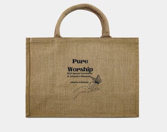 JW 2025 Convention Jute Bags (pack of 30 bags) - gift bags personalized with your convention location in 5 designs (minimum order 30 bags).