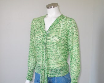 JOHNNY WAS 1990s Vintage Sheer Cream & Green Reptile Print Blouse XS S