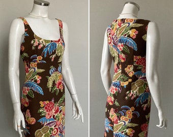 Vintage 1990s Deep Scoop Neck Empire Exotic Floral Print Dress Brown Greens Pinks S Maggy London