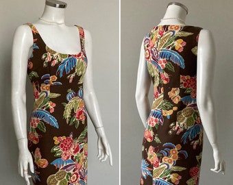 vintage 1990s Deep Scoop Neck Empire Exotic Floral Print Dress Brown Greens Pinks S Maggy London