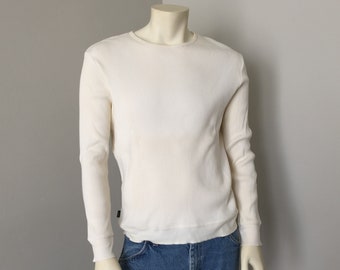 1990s Vintage Ralph Lauren Cream Cotton Crew Neck Long Sleeved Knit Tee Shirt XL