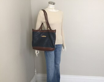 CAPEZIO 1980s vintage Midnight Navy Blue Tote Shoulder Bag Purse Brown Trim VFG