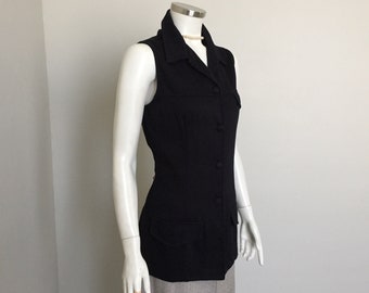 Vintage 1990s Black Sleeveless Tunic Safari Blouse by David Paul M