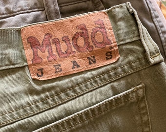 Late 1990s Vintage Olive Green Riveted Cutoff Denim Short Shorts Daisy Dukes by Mudd Jeans VFG
