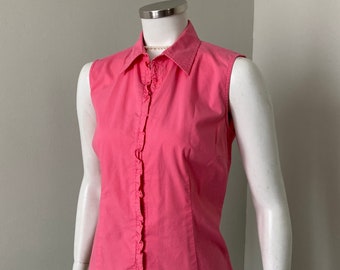 Late 1990s Vintage Bright Watermelon Pink Skinny Ruffle Front Sleeveless Blouse M