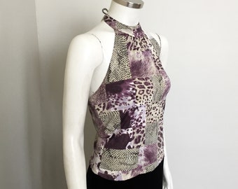 1990s Young Vintage Animal Print Sparkly Embossed Dot Knit Halter Top S M