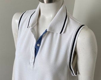 1990s Vintage Carolyn Taylor White Sleeveless Polo Dress with Navy Blue Trim VFG