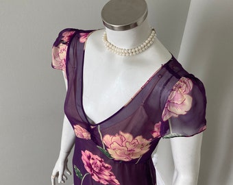 1990 Vintage Sheer Purple Floral Print Dress with Short Flutter Sleeves VFG