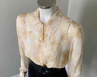 vintage 1990s Sheer Creamy White and Soft Gold Floral Print Blouse M VFG