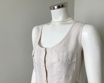 1990s Vintage Liz & Co. Linen Cotton Natural Scoop Neck Sleeveless Blouse with Mini Tucks M VFG