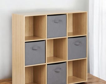 Oak Effect 9-Cube Storage Unit with 4 Grey Collapsible Drawers