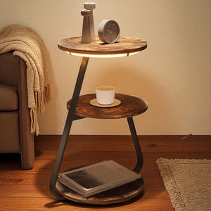 May include: A two-tiered side table with a warm, rustic wood finish. The top tier features a built-in light, and the table holds a small clock, two decorative candle holders, and a cup. The lower tier has a stack of magazines.