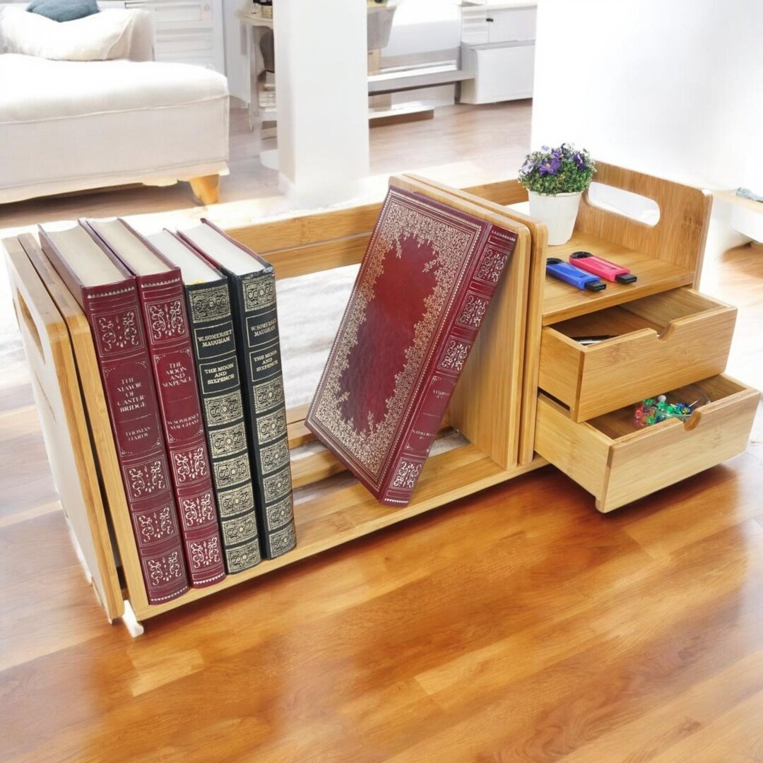 Natural Bamboo Desk Organizer Bookshelf With 2 Drawers – Expandable ...