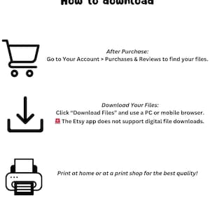 Puede incluir: Gr&aacute;fico blanco con texto negro que explica c&oacute;mo descargar archivos despu&eacute;s de la compra. Incluye un icono de carrito de compras, un icono de descarga y un icono de impresora. El texto dice: "How to download" y "Print at home or at a print shop for the best quality!"