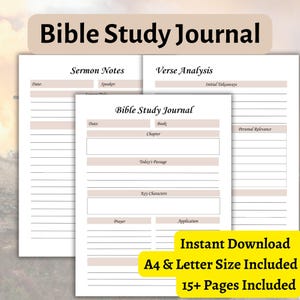 Peut inclure: Un journal d'étude biblique imprimable avec des sections pour les notes de sermon, l'analyse des versets et la réflexion personnelle. Le journal comprend des sections pour la date, l'orateur, le livre, le chapitre, le passage du jour, les personnages clés, la prière et l'application. Le journal est disponible en format A4 et lettre et comprend plus de 15 pages.