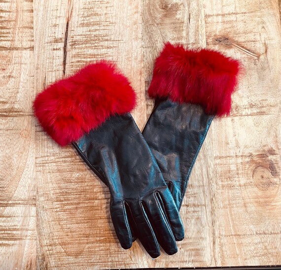 Black Leather Fur Gloves 7 - image 6