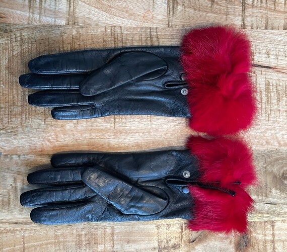 Black Leather Fur Gloves 7 - image 7