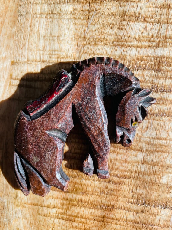 Carved Wooden Horse Brooch - image 1