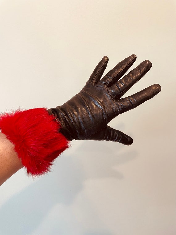 Black Leather Fur Gloves 7 - image 1