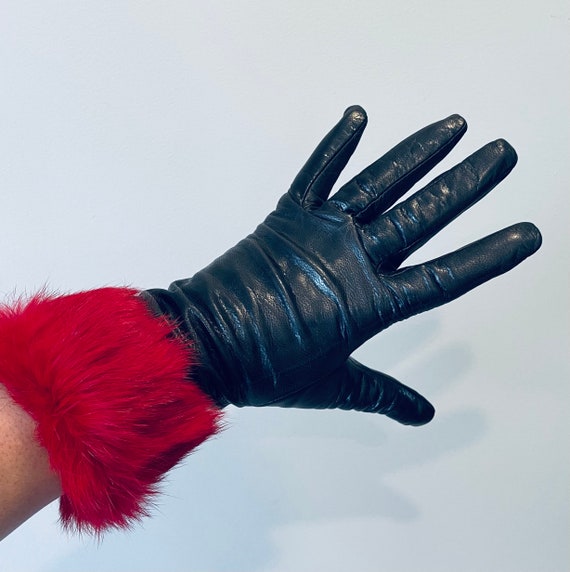 Black Leather Fur Gloves 7 - image 9