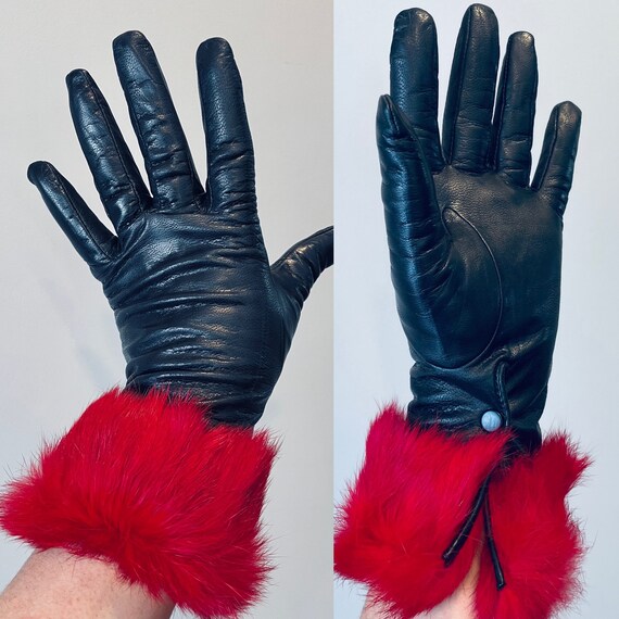 Black Leather Fur Gloves 7 - image 2