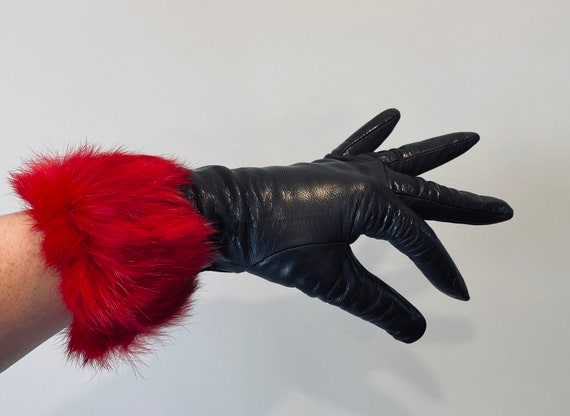 Black Leather Fur Gloves 7 - image 10