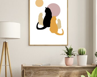 printable cat art, wall art, cat art. black cat art, digital art, digital cat art, wall decor, printable art, printable wall art, room decor