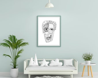 Zentangle Face, B/w Digital Print, Digital Art, Art Print
