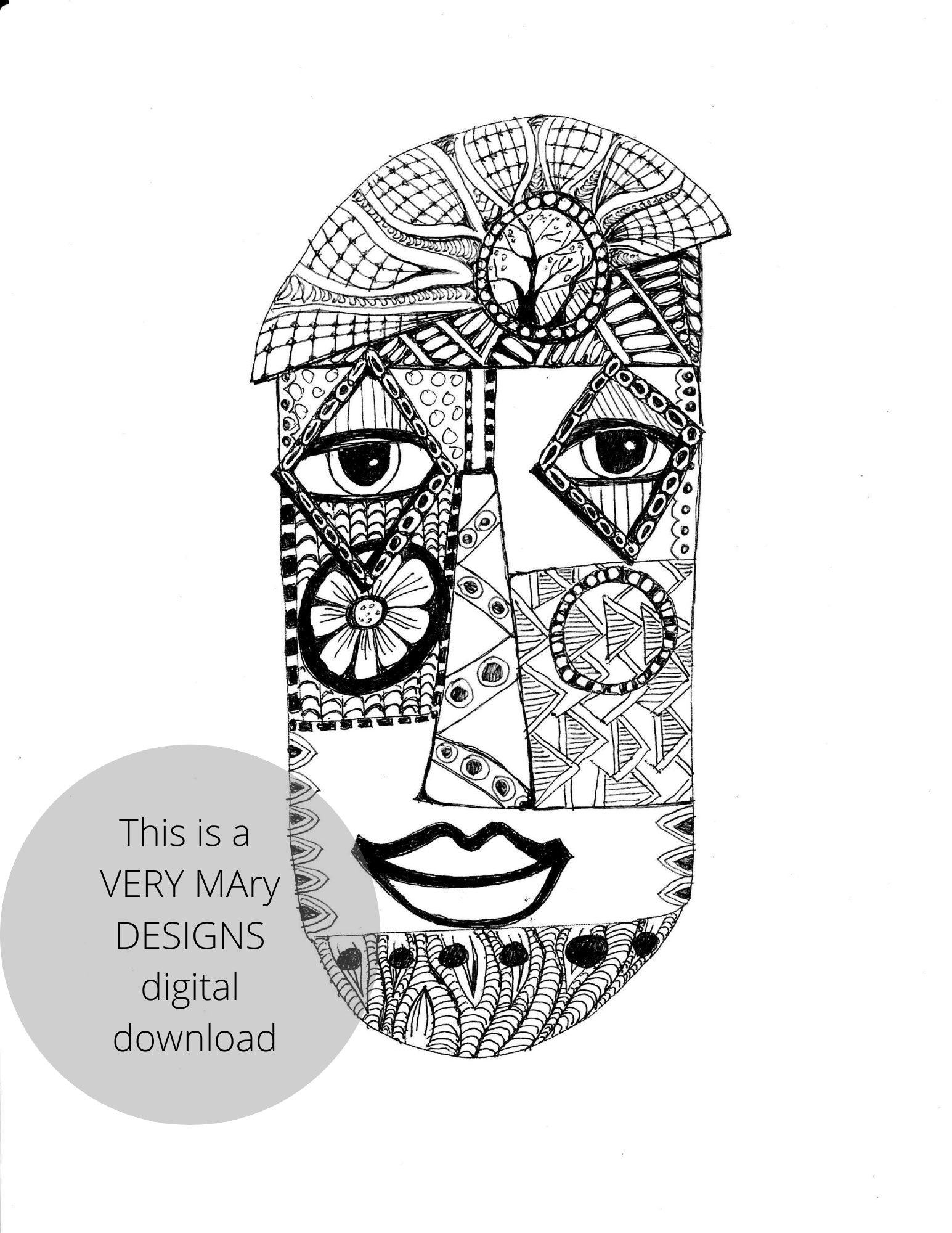 Zentangle Face, B/w Digital Print, Digital Art, Art Print