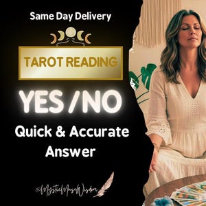 Könnte beinhalten: Werbebild für Tarot-Lesungen. Der Text lautet: "Same Day Delivery", "Tarot Reading", "Yes/No" und "Quick & Accurate Answer". Eine Frau in einem weißen Kleid sitzt mit geschlossenen Augen, umgeben von Tarotkarten.