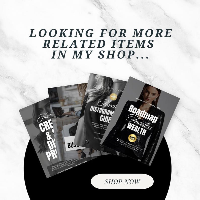 Puede incluir: Imagen promocional con gu&iacute;as como "Instagram Guide" y "Roadmap Faceless Wealth". Las gu&iacute;as se muestran sobre un fondo de m&aacute;rmol con el texto "Looking for more related items in my shop..." y un bot&oacute;n "Shop Now".