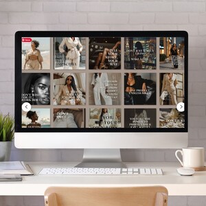 以下が含まれることがあります： コンピューターの画面に、12個のソーシャルメディア投稿のグリッドが表示されています。投稿には、さまざまな設定の女性の写真と、やる気を起こさせる引用が書かれています。引用には、「望むのではなく、それのために働きなさい」、「シンプルにするが、インパクトを与える」、「あなた自身のストーリーを、あなた自身の方法で語りなさい」、「単に生計を立てるのではなく、人生を作りなさい」、「忙しいときでも、ブランドを築きなさい」、「すべてを見せるのではなく、オンラインコンテンツから学びなさい」、「1つの商品で、無限の笑顔」、「あなた自身のボスになりなさい」、「あなたは自分の平和を守る力を持っている」、「単に夢を追いかけるのではなく、夢を作りなさい」、「あきらめないで、努力し続けなさい」、「BYOB：あなた自身のボスになりなさい」などがあります。